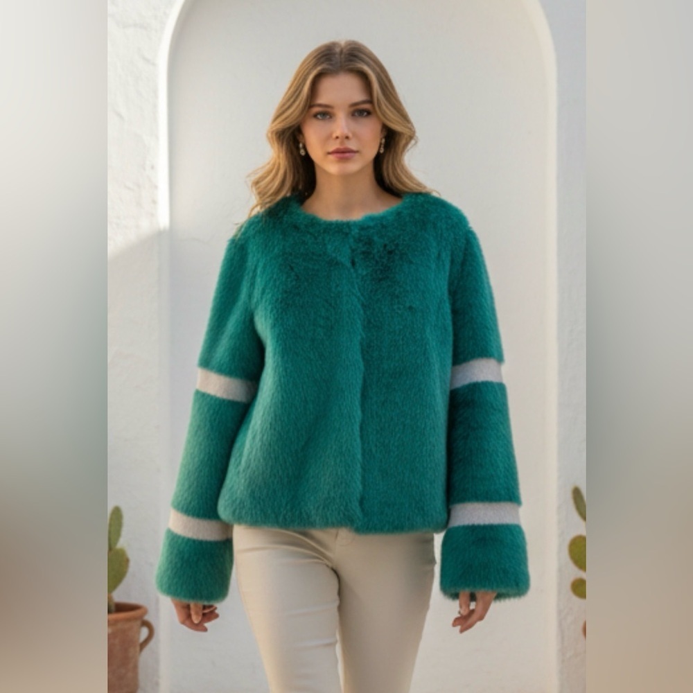 Elegant Teal Teddy Jacket with Cream Stripes by Anthropology